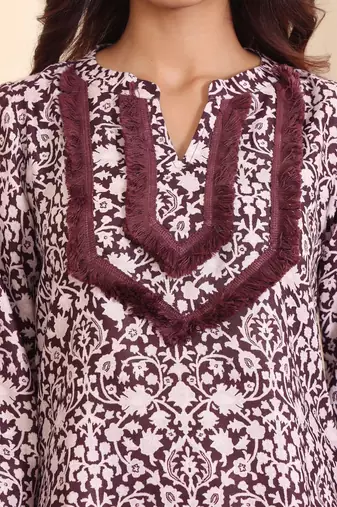 Coffee Brown Floral Printed Notch Neck Flared Sleeves Straight Kurta With Trousers