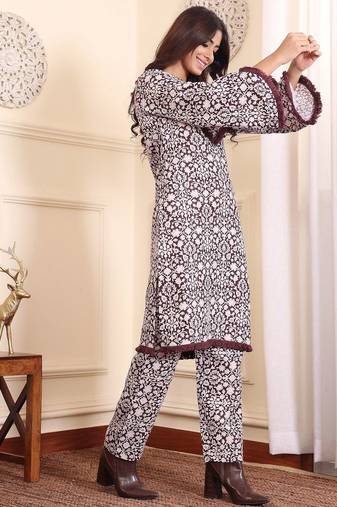 Coffee Brown Floral Printed Notch Neck Flared Sleeves Straight Kurta With Trousers