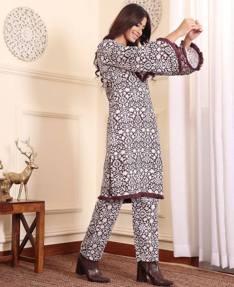 Coffee Brown Floral Printed Notch Neck Flared Sleeves Straight Kurta With Trousers