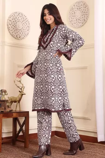 Coffee Brown Floral Printed Notch Neck Flared Sleeves Straight Kurta With Trousers
