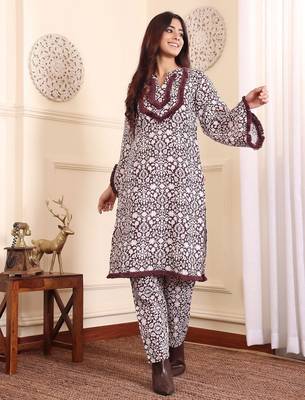 Coffee Brown Floral Printed Notch Neck Flared Sleeves Straight Kurta With Trousers 5