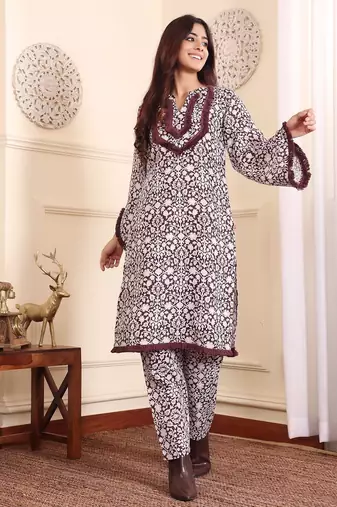 Coffee Brown Floral Printed Notch Neck Flared Sleeves Straight Kurta With Trousers