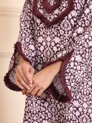 Coffee Brown Floral Printed Notch Neck Flared Sleeves Straight Kurta With Trousers 7
