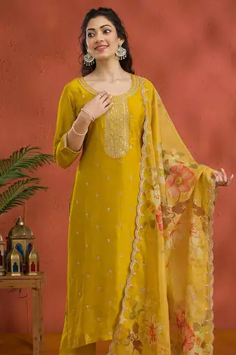 Vichitra silk embroidered work readymade straight suit in mustard