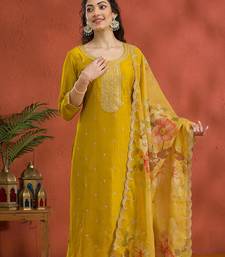Vichitra silk embroidered work readymade straight suit in mustard