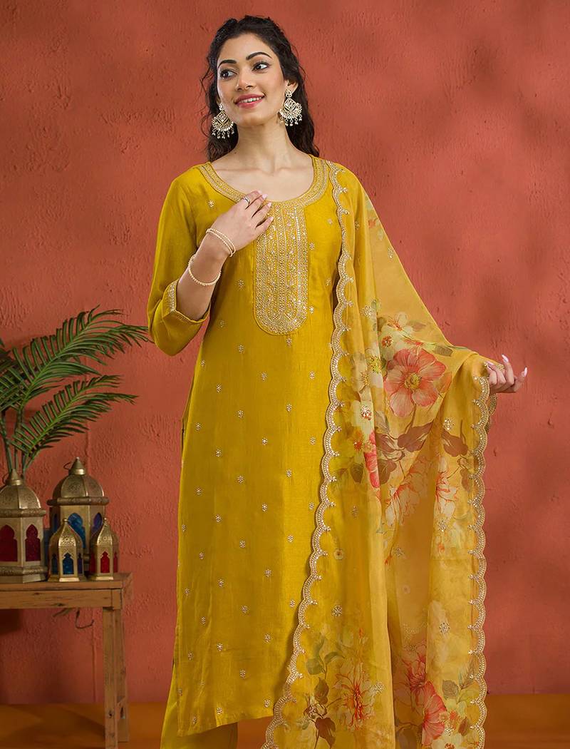 Vichitra silk embroidered work readymade straight suit in mustard