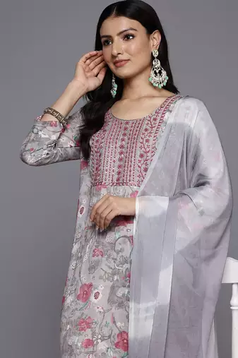 Floral Embroidered Thread Work Kurta With Trousers & Dupatta