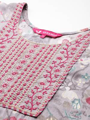 Floral Embroidered Thread Work Kurta With Trousers & Dupatta 3