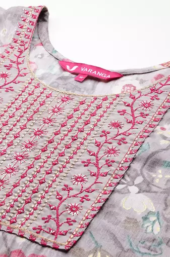 Floral Embroidered Thread Work Kurta With Trousers & Dupatta