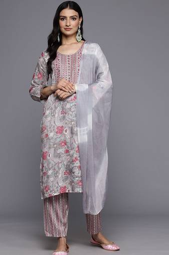 Floral Embroidered Thread Work Kurta With Trousers & Dupatta