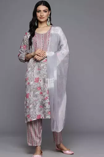 Floral Embroidered Thread Work Kurta With Trousers & Dupatta