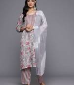 Floral Embroidered Thread Work Kurta With Trousers & Dupatta
