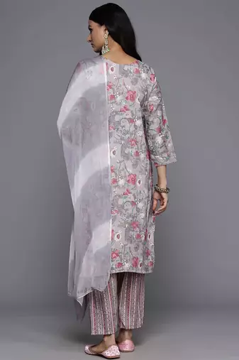 Floral Embroidered Thread Work Kurta With Trousers & Dupatta
