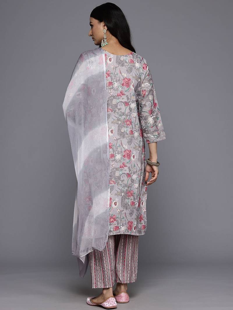Floral Embroidered Thread Work Kurta With Trousers & Dupatta