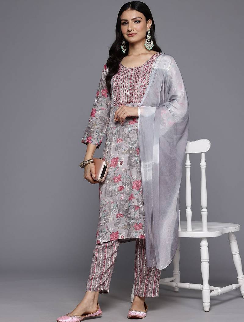 Floral Embroidered Thread Work Kurta With Trousers & Dupatta