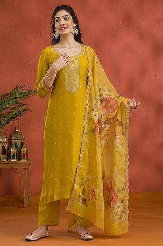 Vichitra silk embroidered work readymade straight suit in mustard