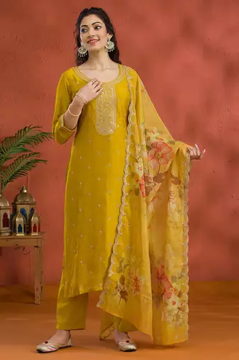 Vichitra silk embroidered work readymade straight suit in mustard