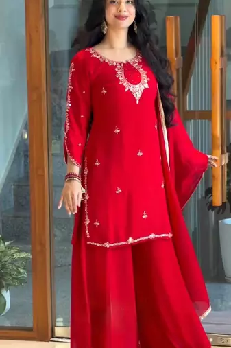 Red georgette readymade suit with sequence & embroidery work