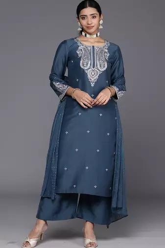 Ethnic Motifs Embroidered Regular Sequinned Kurta with Trousers & With Dupatta