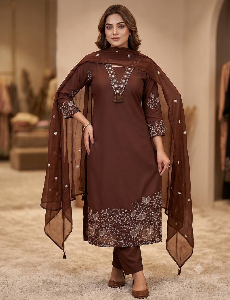 Women embroidered v-neck kurta with pant and dupatta set