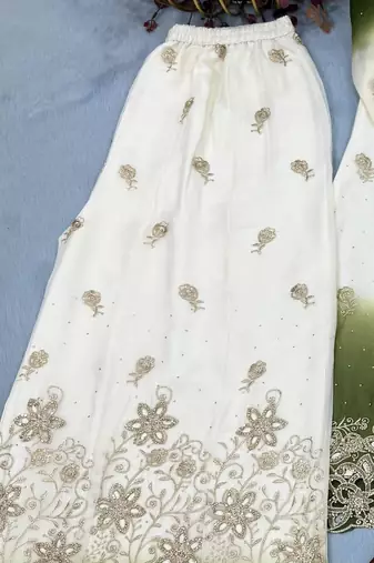 Mehendi&white georgette readymade suit with diamond & embroidery work