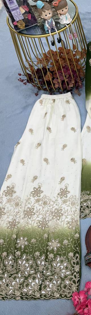 Mehendi&white georgette readymade suit with diamond & embroidery work