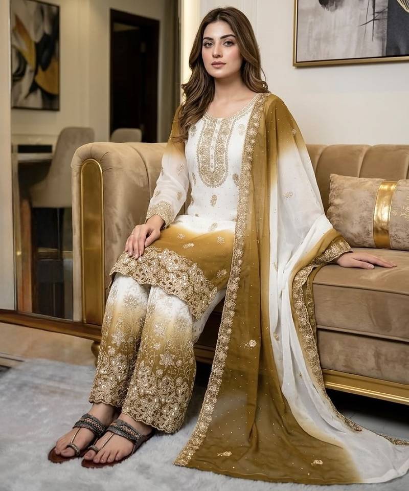 Brown&white georgette readymade suit with diamond & embroidery work