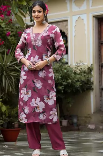 V-Neck Mirror & Sequins Embellished Kurta Paired With Trousers & Chiffon Dupatta