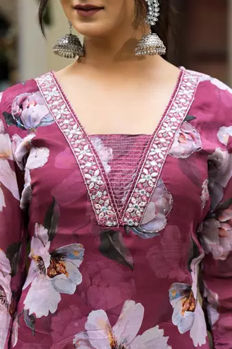 V-Neck Mirror & Sequins Embellished Kurta Paired With Trousers & Chiffon Dupatta
