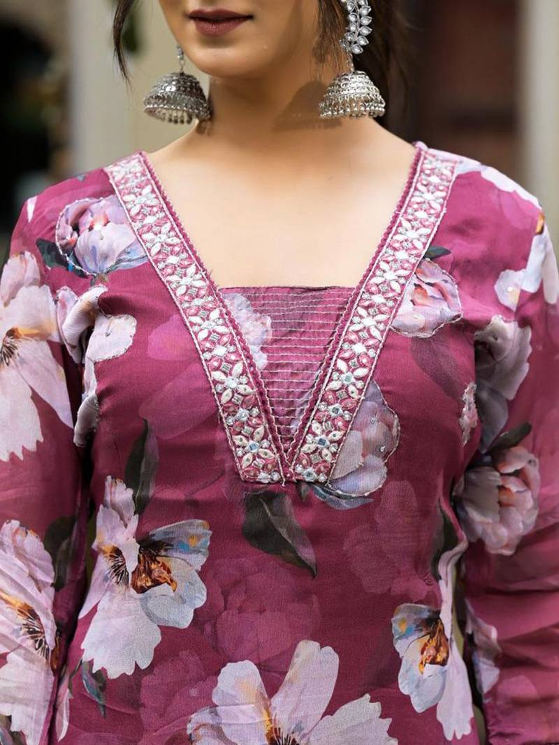 V-Neck Mirror & Sequins Embellished Kurta Paired With Trousers & Chiffon Dupatta