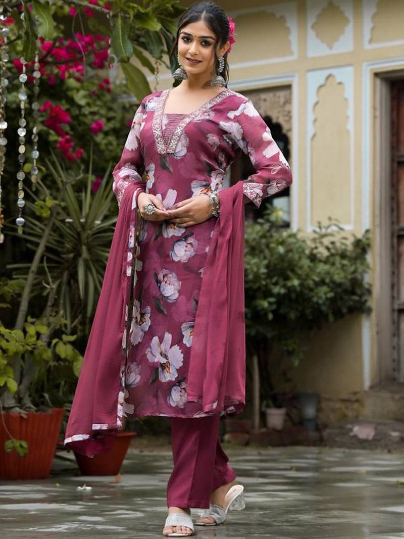 V-Neck Mirror & Sequins Embellished Kurta Paired With Trousers & Chiffon Dupatta