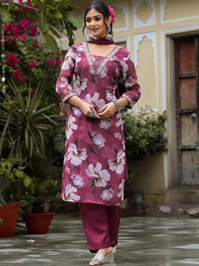 V-Neck Mirror & Sequins Embellished Kurta Paired With Trousers & Chiffon Dupatta
