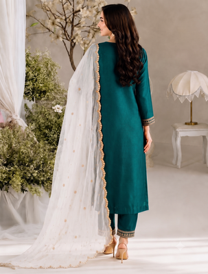 Women teal green embroidered straight kurta with pant & dupatta set 4