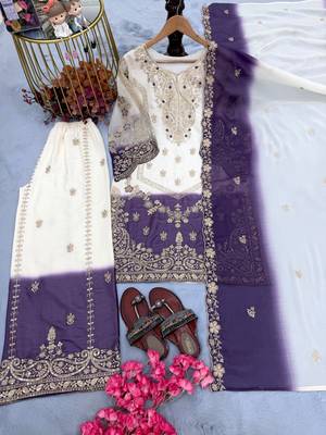 Violet&white georgette readymade suit with zari & embroidery work 5