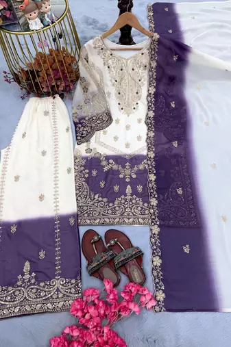 Violet&white georgette readymade suit with zari & embroidery work