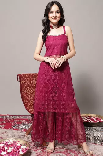 Floral Embroidered Shoulder Strap Regular Kurta with Sharara