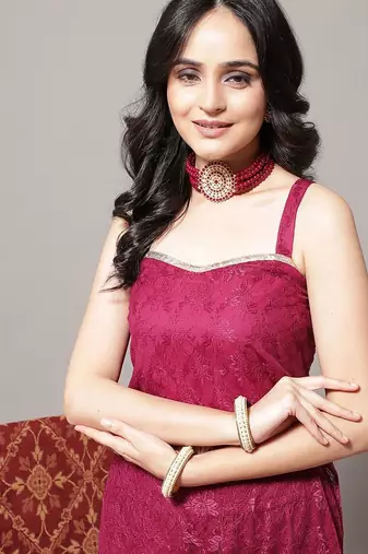Floral Embroidered Shoulder Strap Regular Kurta with Sharara