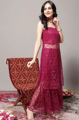 Floral Embroidered Shoulder Strap Regular Kurta with Sharara