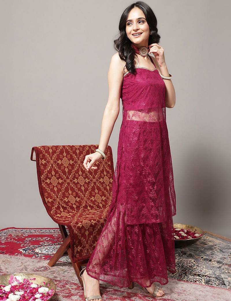 Floral Embroidered Shoulder Strap Regular Kurta with Sharara