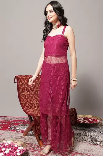 Floral Embroidered Shoulder Strap Regular Kurta with Sharara