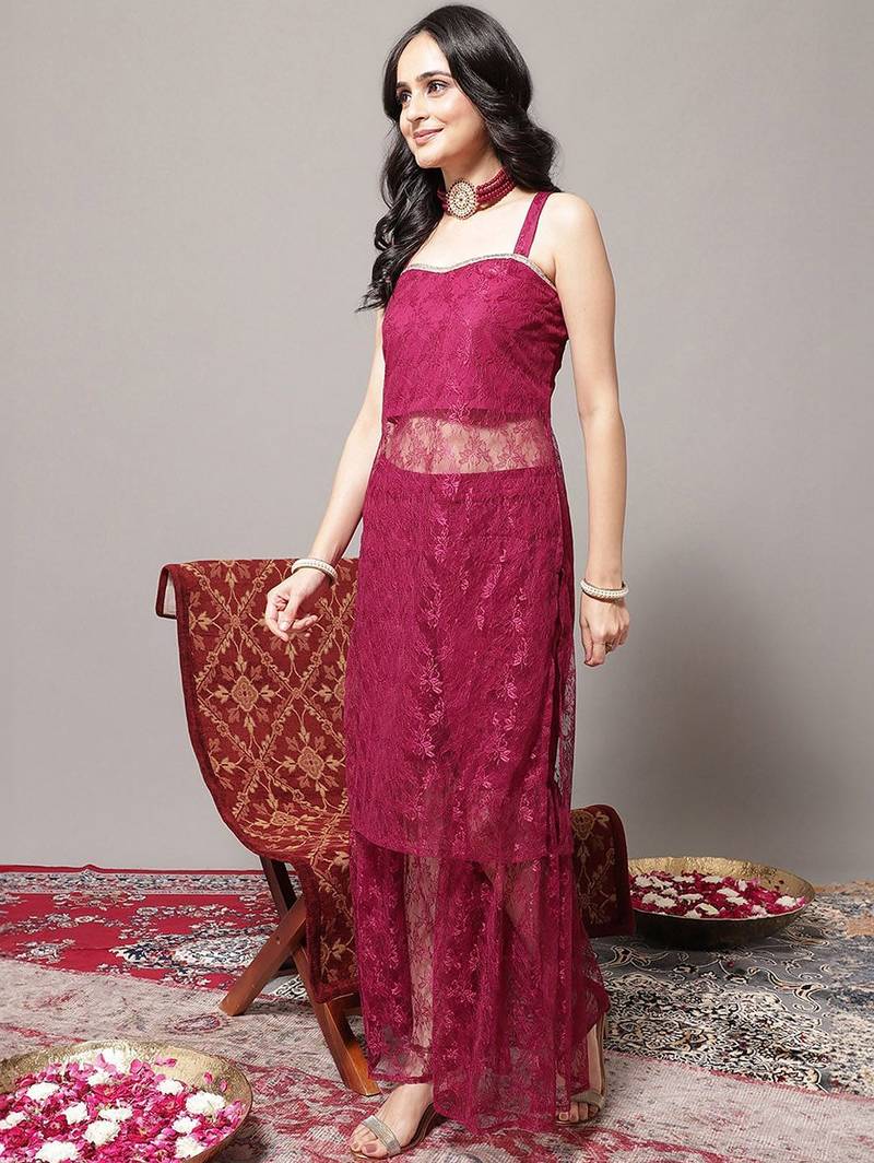 Floral Embroidered Shoulder Strap Regular Kurta with Sharara
