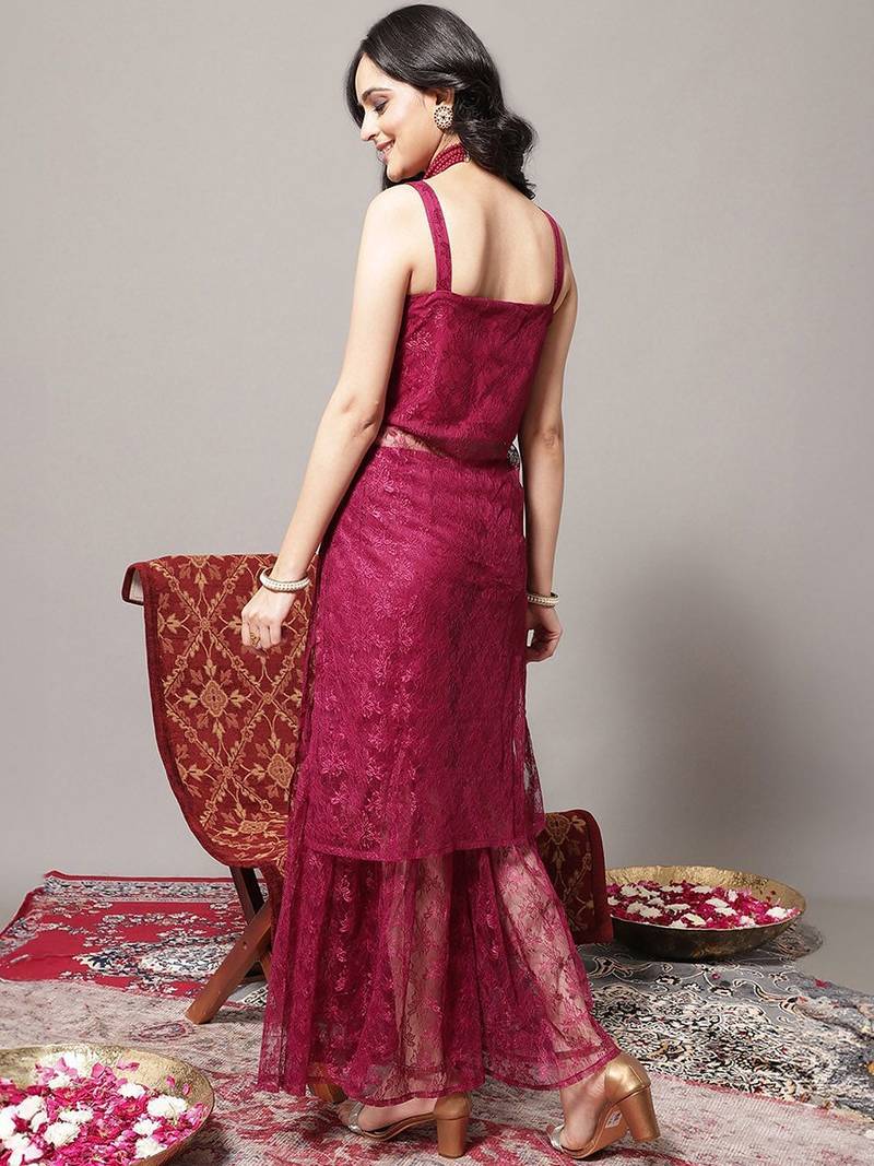 Floral Embroidered Shoulder Strap Regular Kurta with Sharara