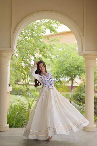 White cotton readymade anarkali suit with thread embroidery work