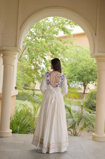 White cotton readymade anarkali suit with thread embroidery work