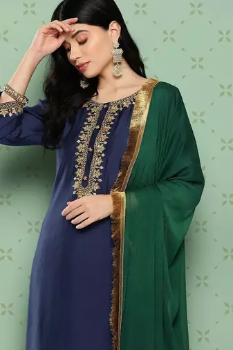 Women Ethnic Motifs Yoke Design Regular Kurta with Trousers & With Dupatta