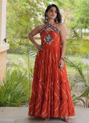 Orange georgette readymade anarkali suit with laheriya & kutchi work 4