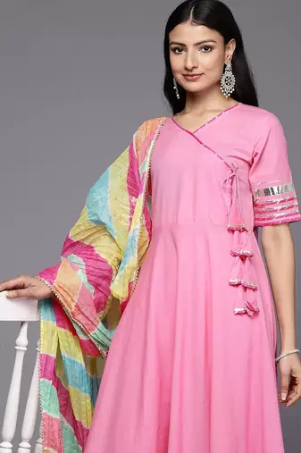 Angrakha Gotta Patti Pure Cotton Kurta With Trousers & With Dupatta