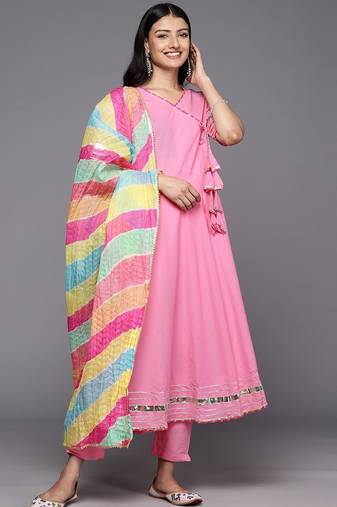 Angrakha Gotta Patti Pure Cotton Kurta With Trousers & With Dupatta