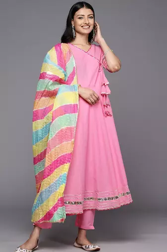 Angrakha Gotta Patti Pure Cotton Kurta With Trousers & With Dupatta