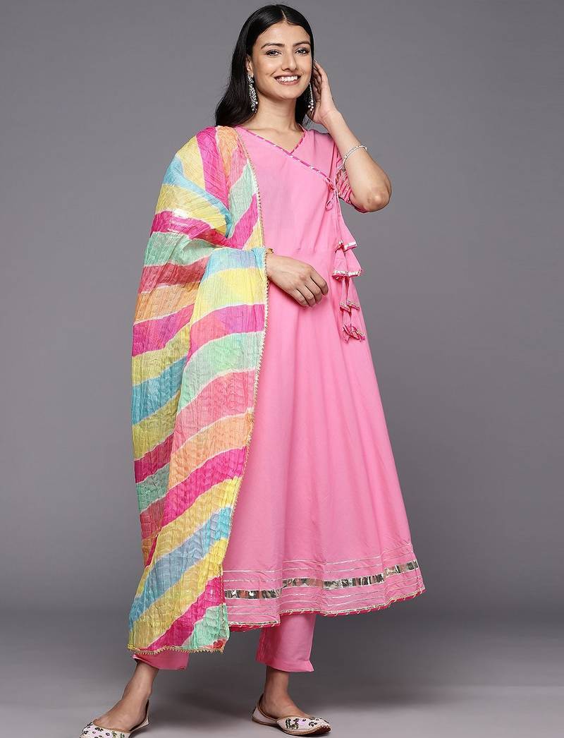 Angrakha Gotta Patti Pure Cotton Kurta With Trousers & With Dupatta